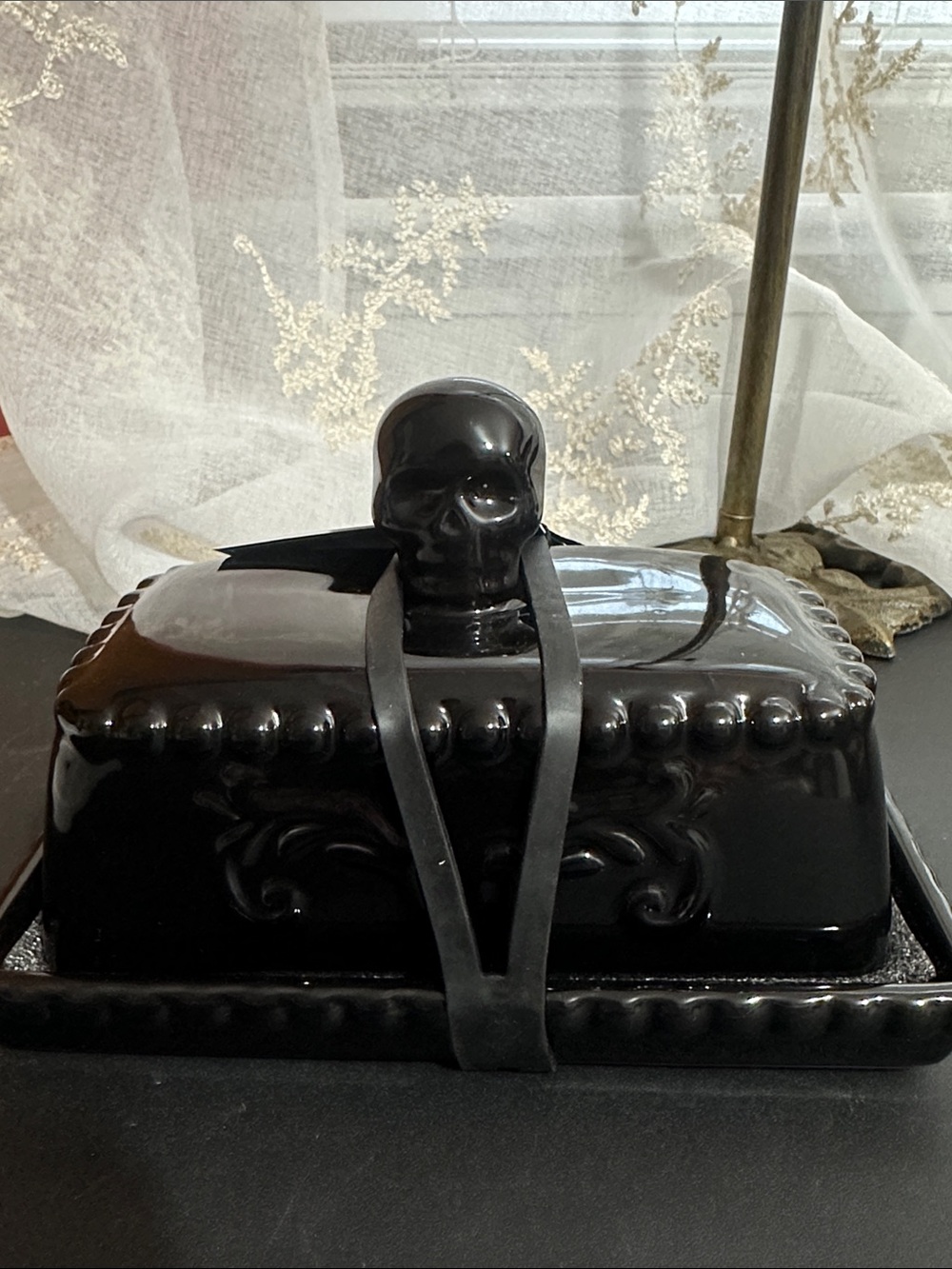Cobwebs & cauldrons black skeleton 💀 butter dish
